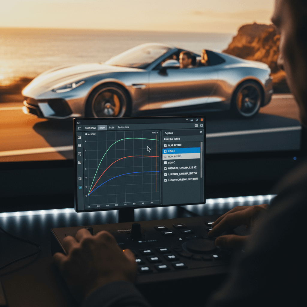 Professional color correction interface with luxury commercial footage preview