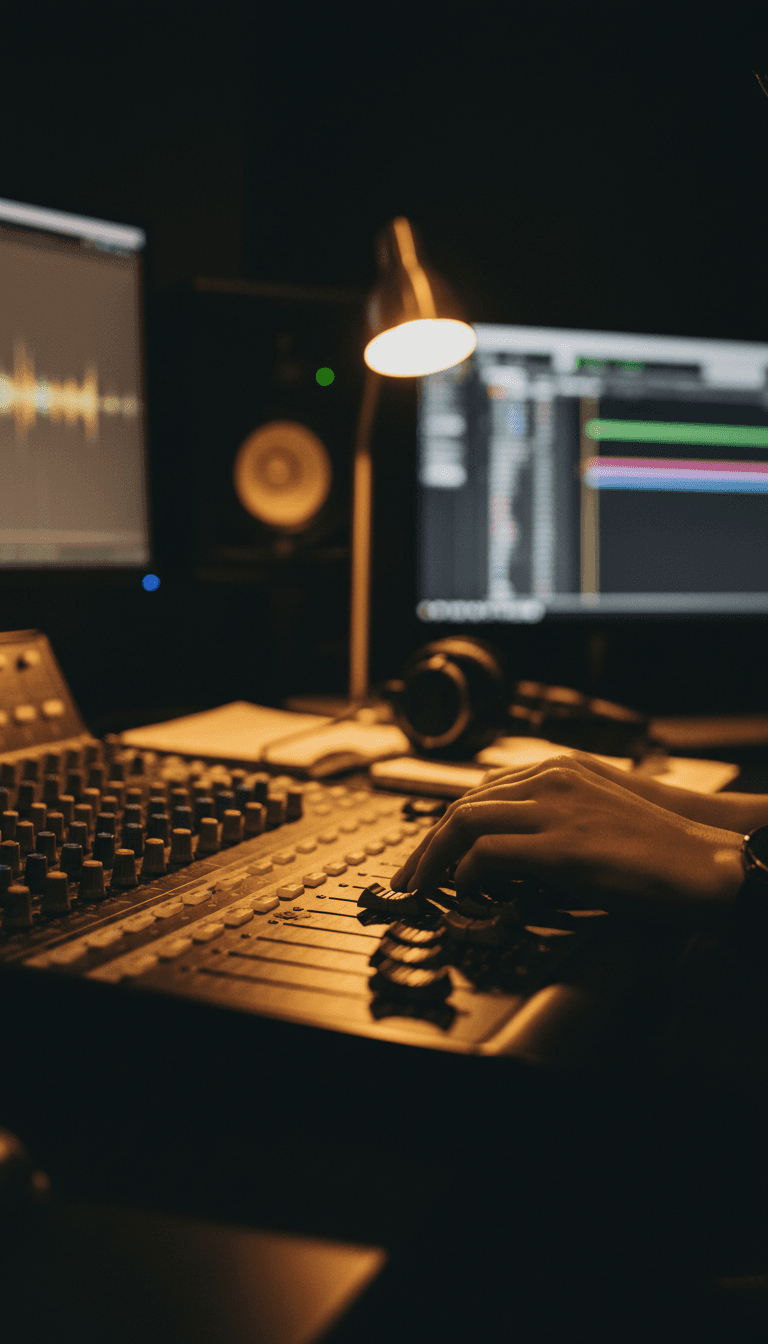 Podcast audio engineer adjusting mixing console during editing