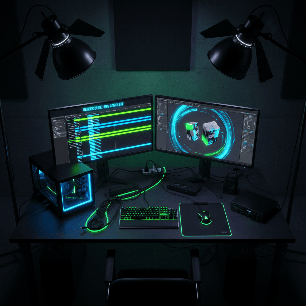 3D animation and VFX rendering workspace with motion graphics on display