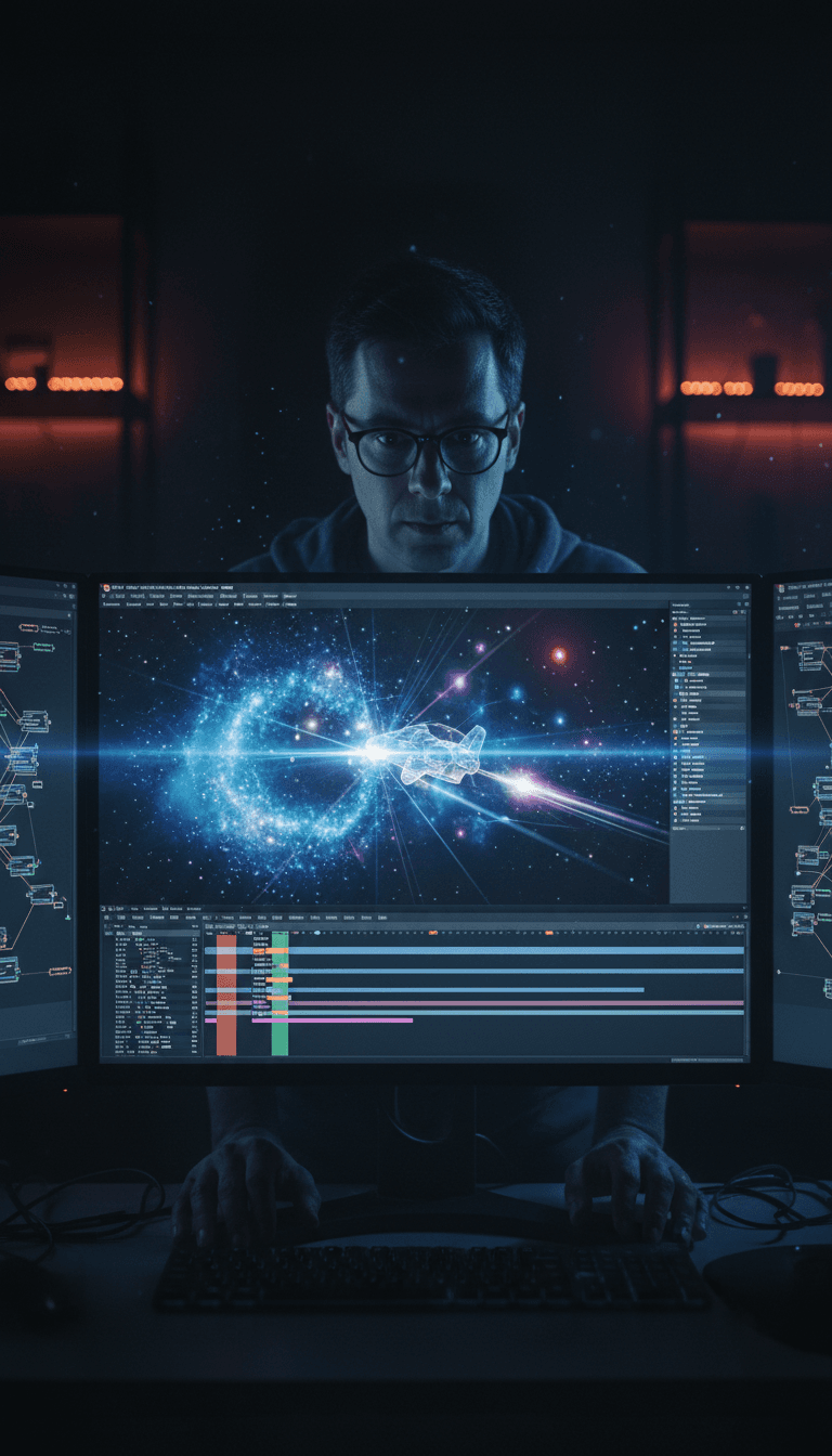 VFX artist compositing visual effects on dual-monitor workstation in darkened studio
