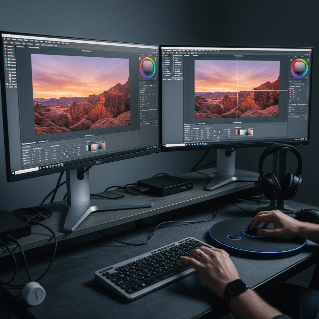 Post-production editing workstation showing color grading and retouching process