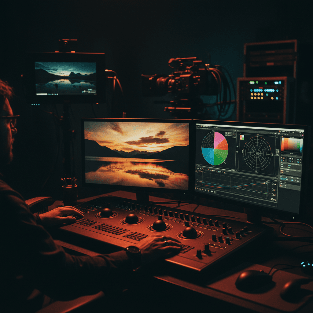 Professional color grading workstation with hands adjusting controls during post-production