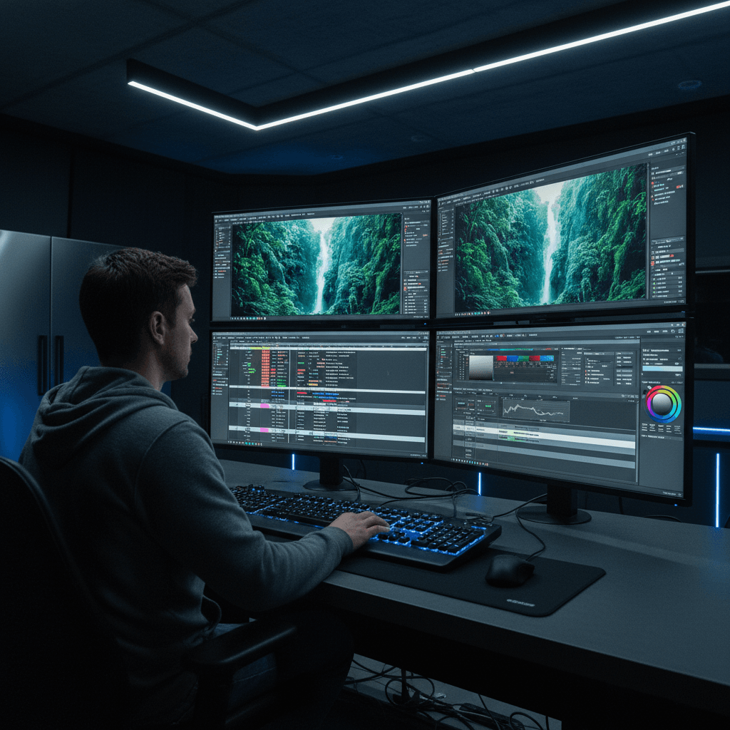 Post-production editor at multi-monitor professional editing station