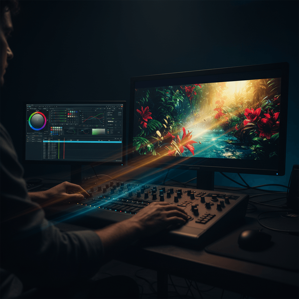 Color grading workstation with professional monitors and controls