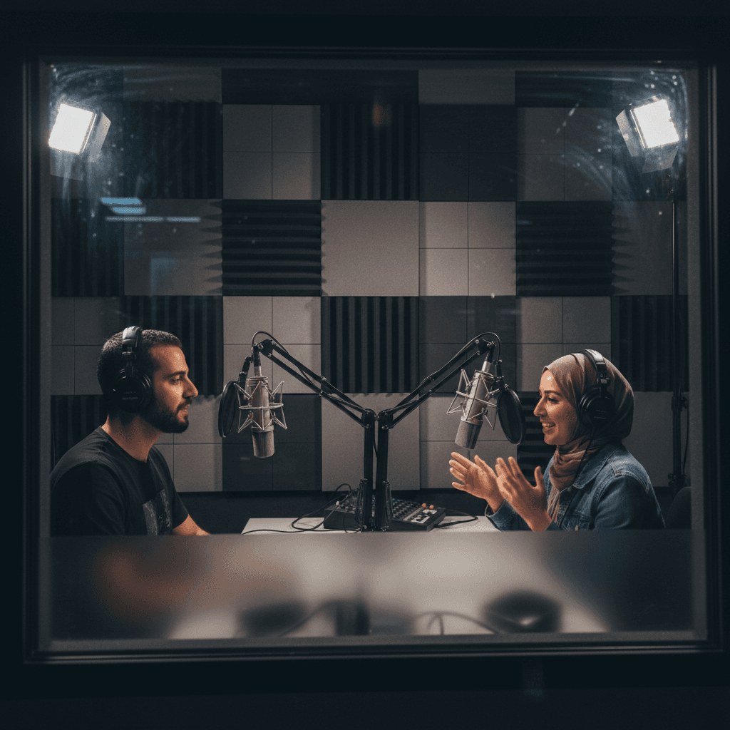 Professional podcast recording session in studio with host and guest