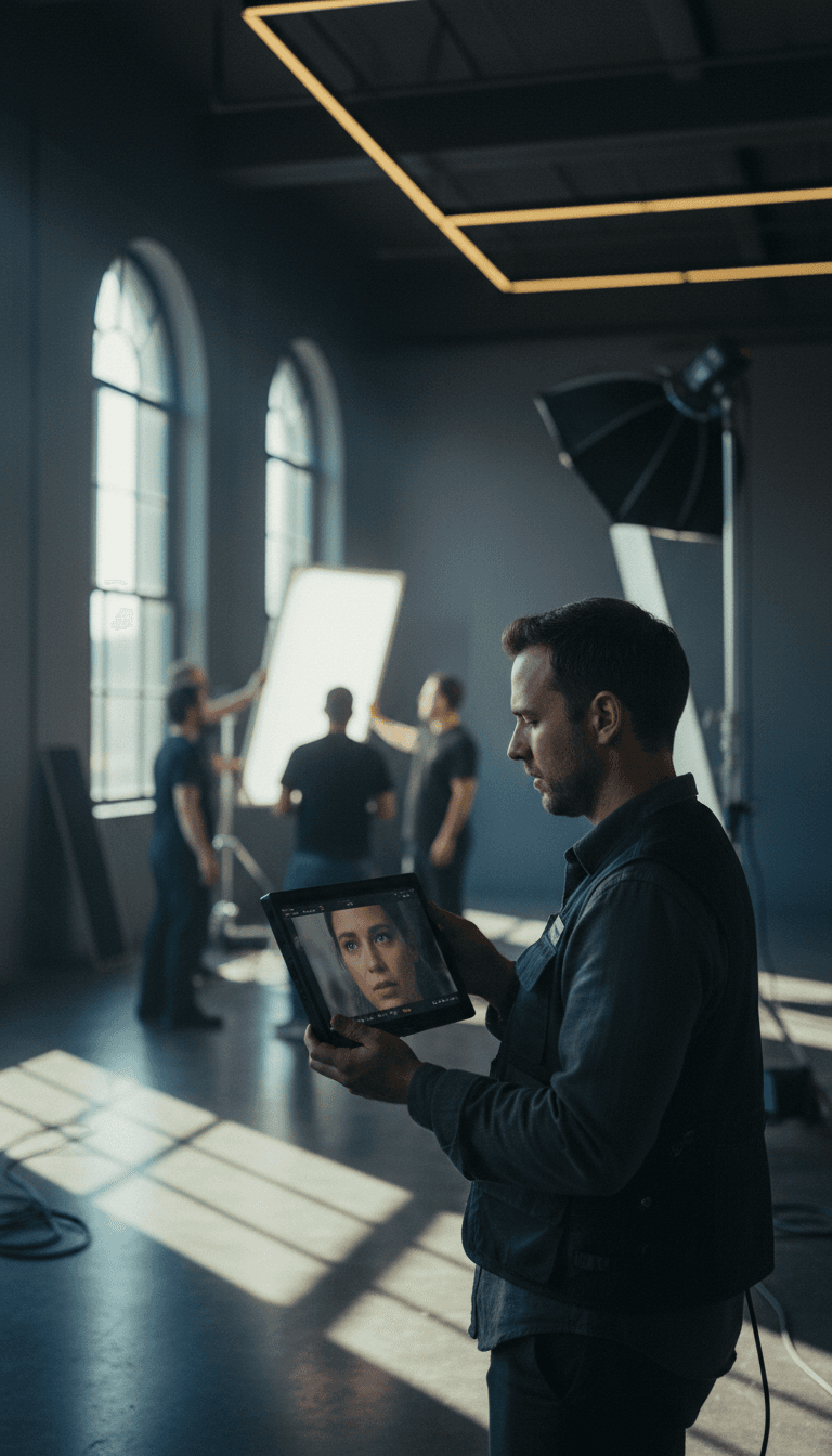Director reviewing footage on set during commercial production