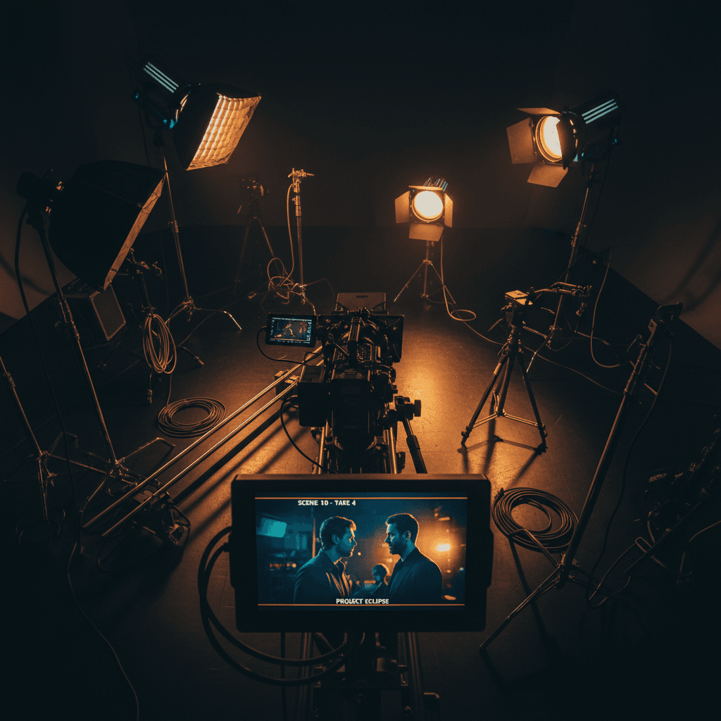 Professional film production setup with director's monitor and cinema camera in studio