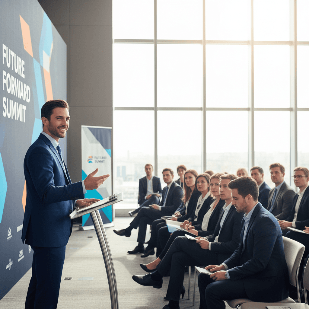 Corporate event photography with speaker and engaged audience