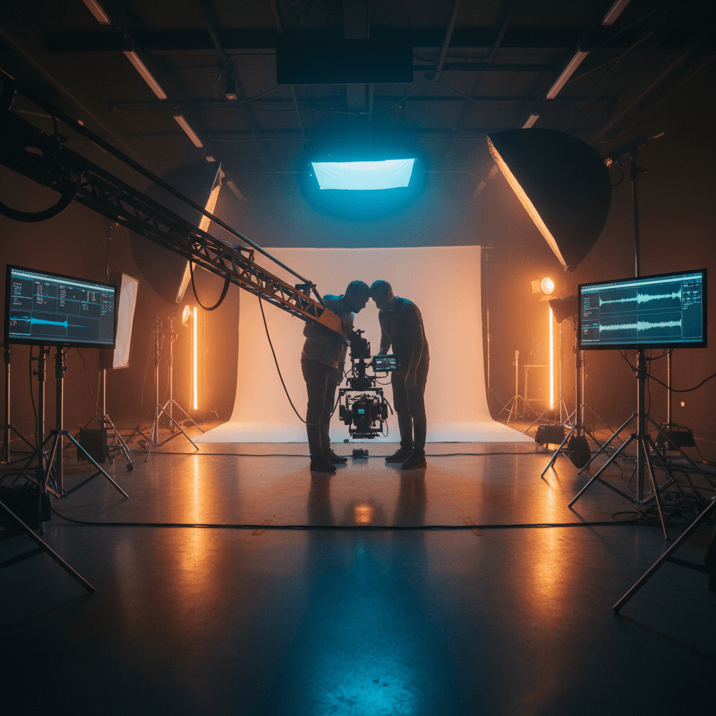 Video production team setting up on a professional film set