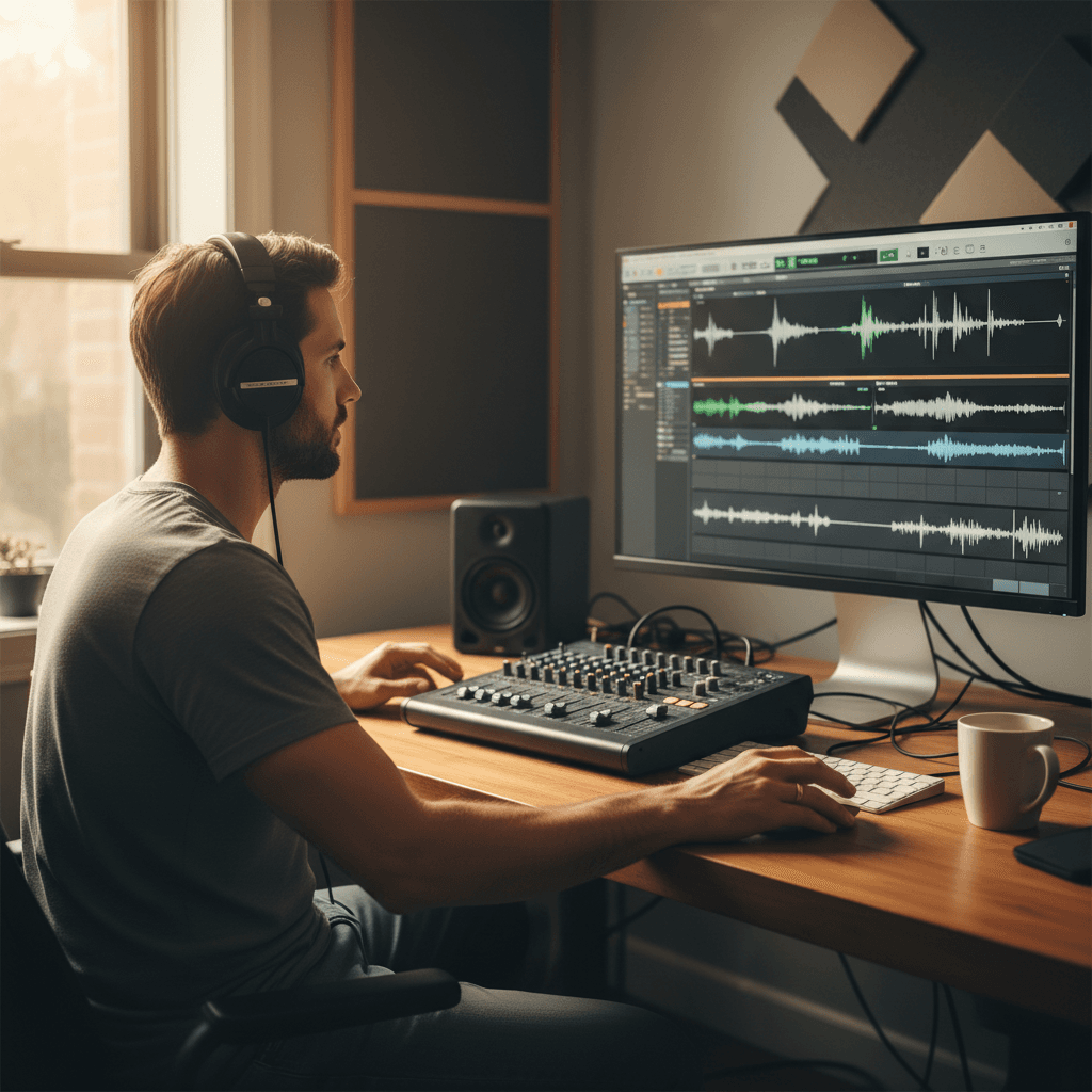 Audio engineer editing podcast and sound design in professional studio
