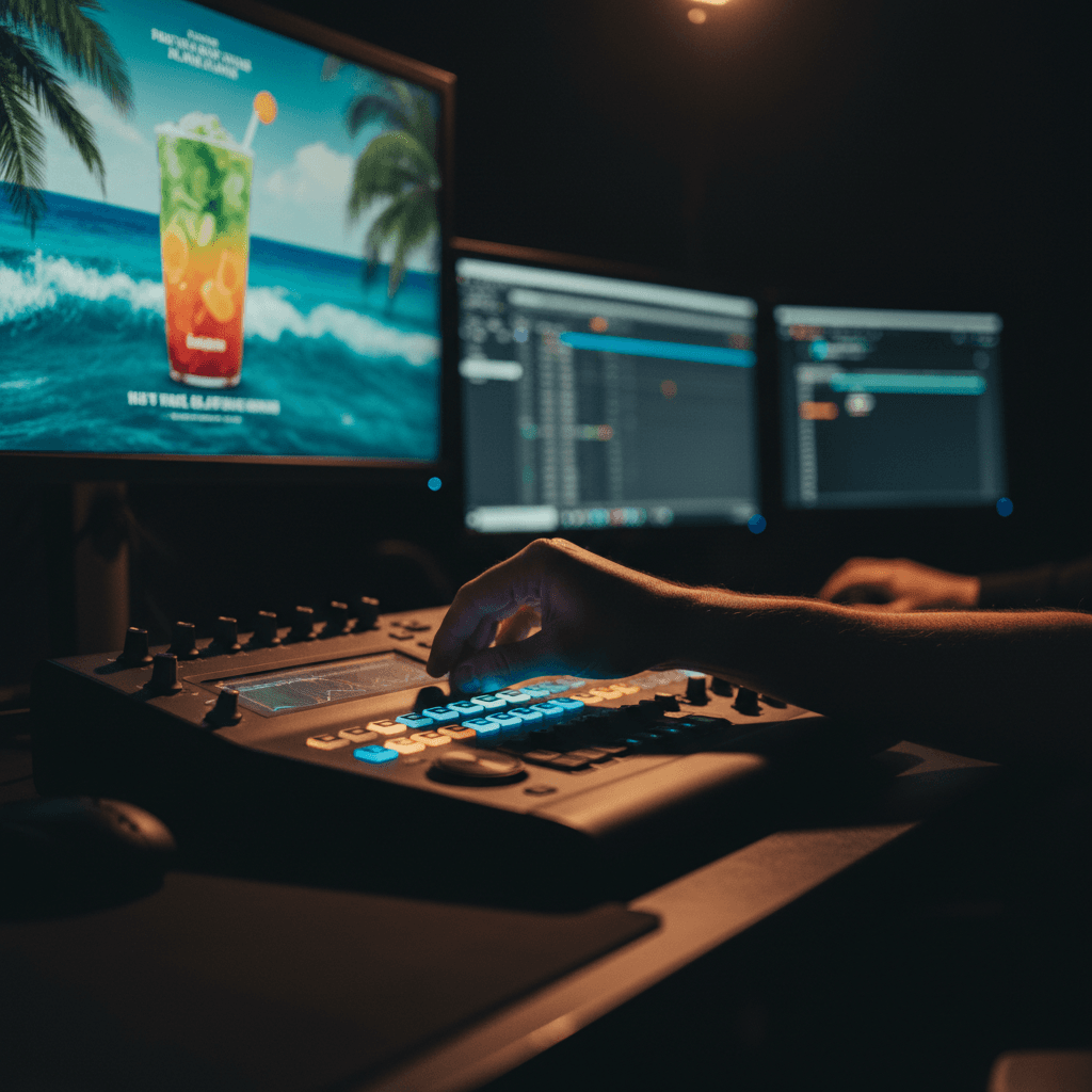 Color grading workstation with professional monitor displaying edited commercial footage