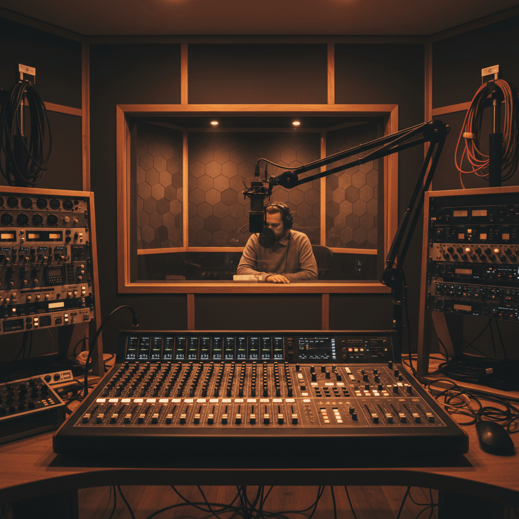 Professional podcast recording studio with microphone and mixing equipment