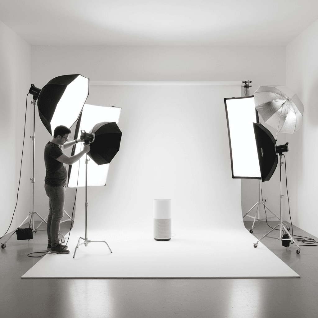 Studio photography setup with lighting equipment and product backdrop
