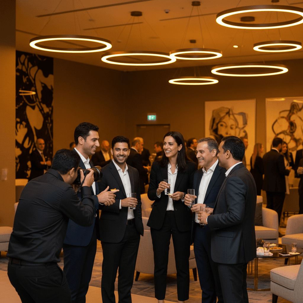 Candid event photography showing attendees networking at a corporate gathering