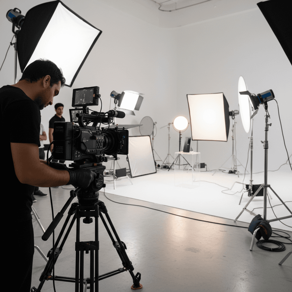Video production in progress with cinema camera and professional lighting