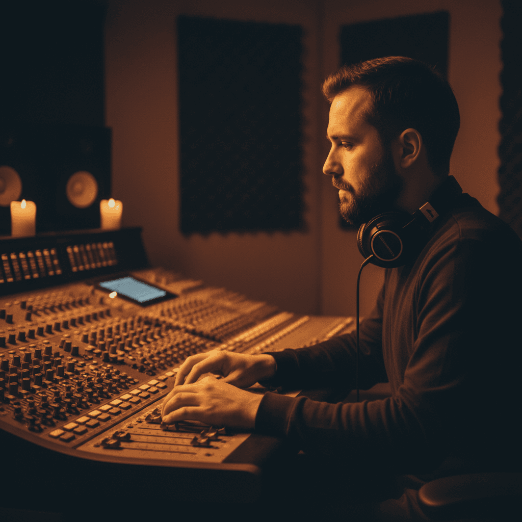 Sound engineer working at professional audio mixing console