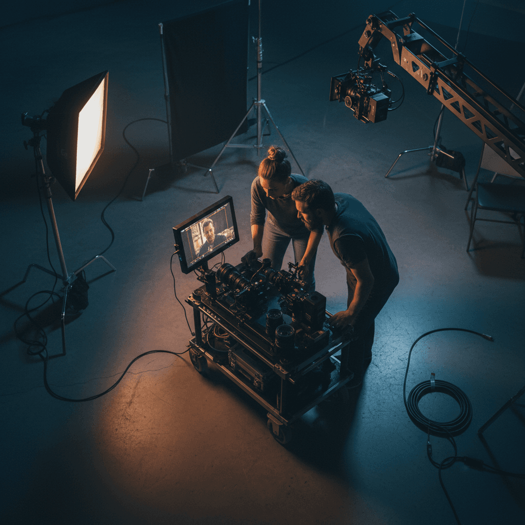 Film production team reviewing shots on set