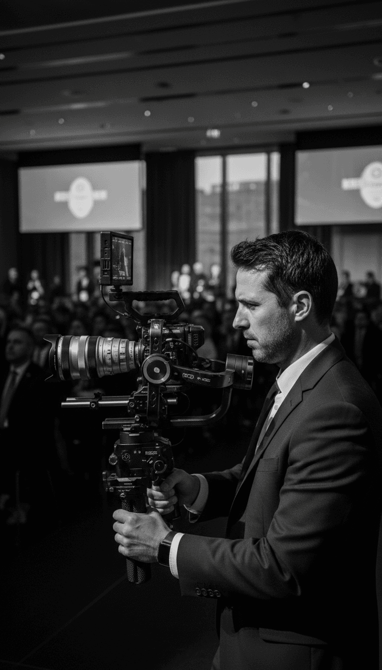 Videographer operating professional cinema camera on gimbal during corporate event production