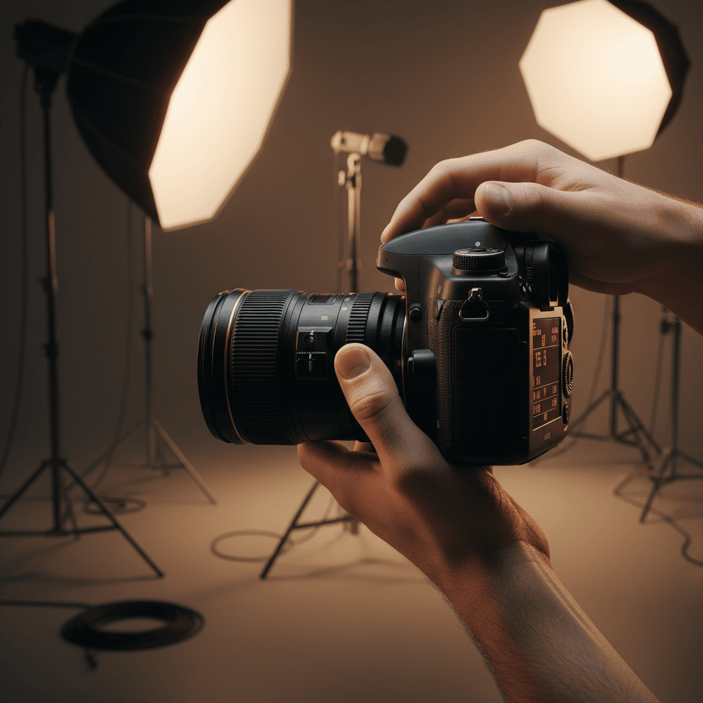 Photographer adjusting professional camera equipment in studio