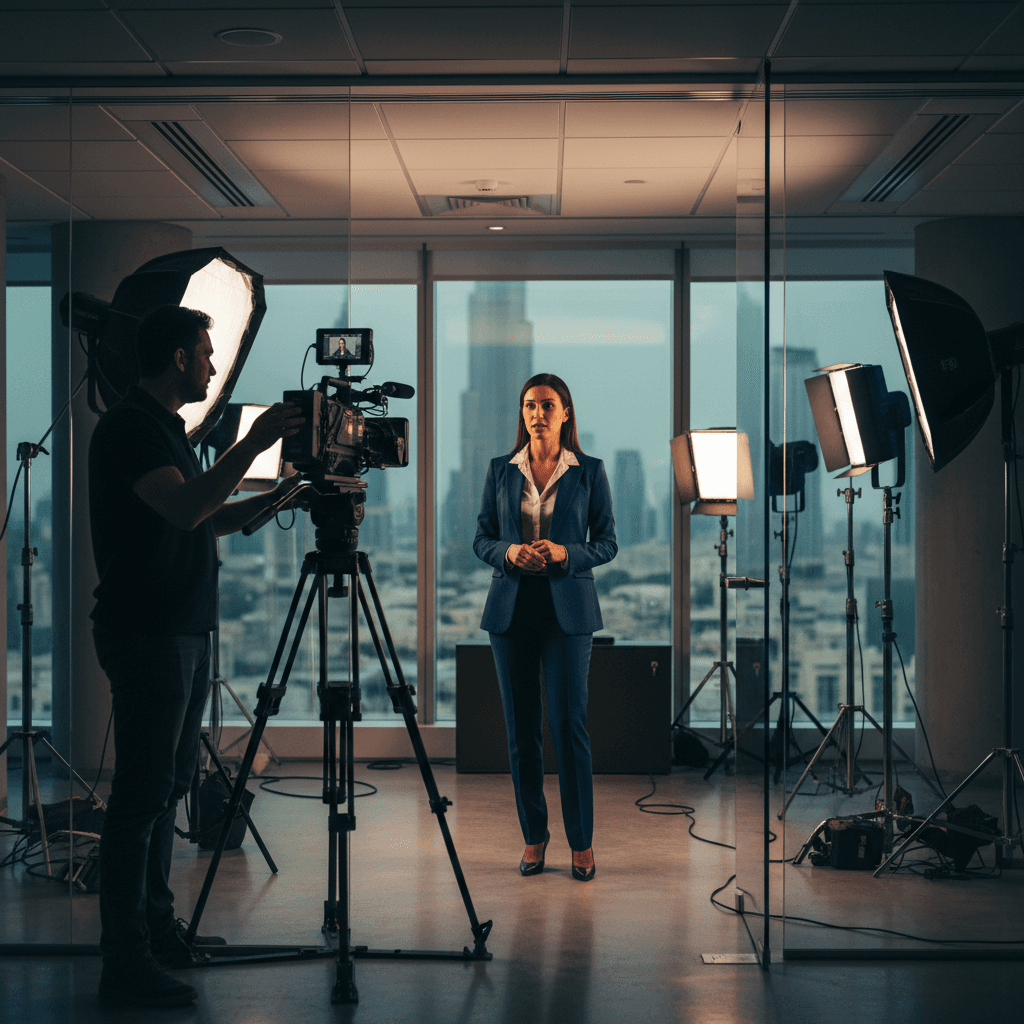 Corporate video production setup with camera operator filming executive