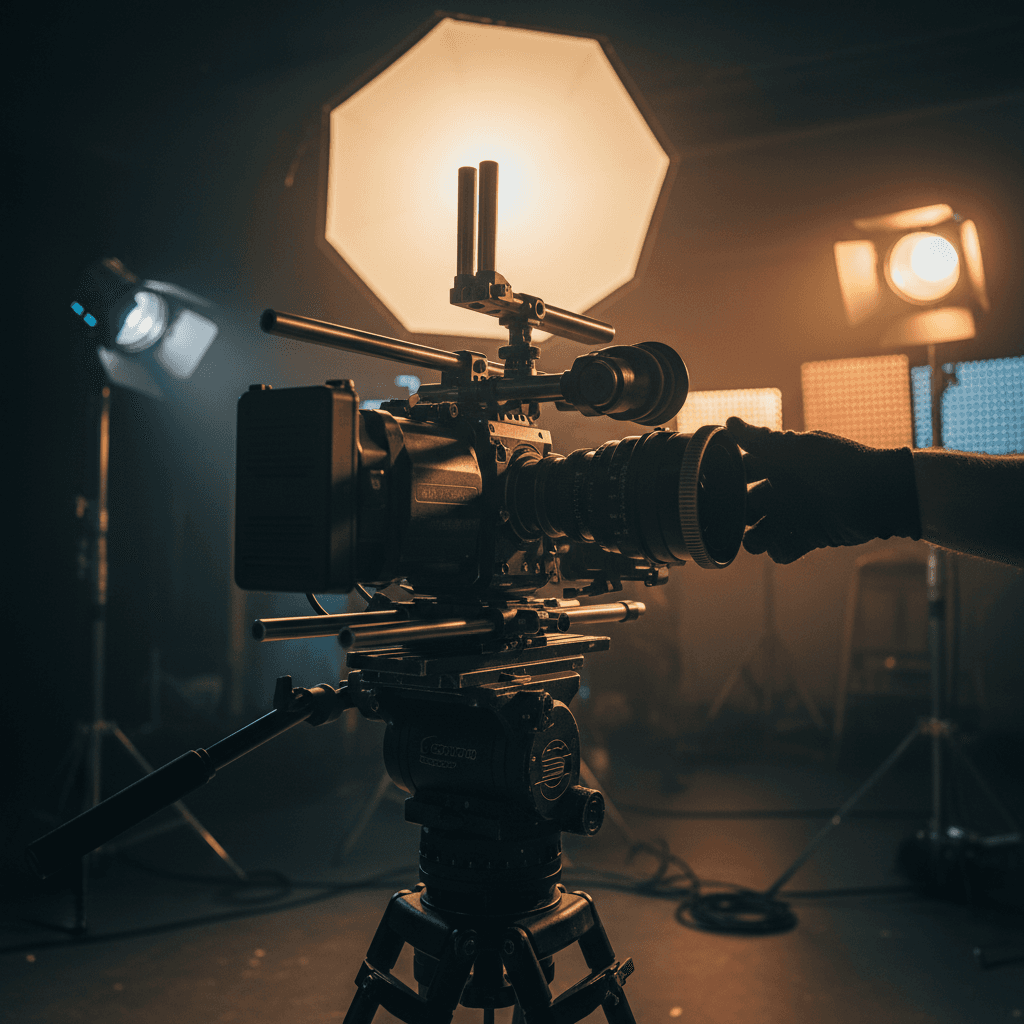 Professional cinema camera on a production set with studio lighting