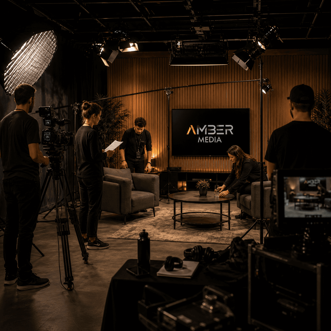 Professional film crew setting up a studio set with cameras, lighting, and Amber Media branding.