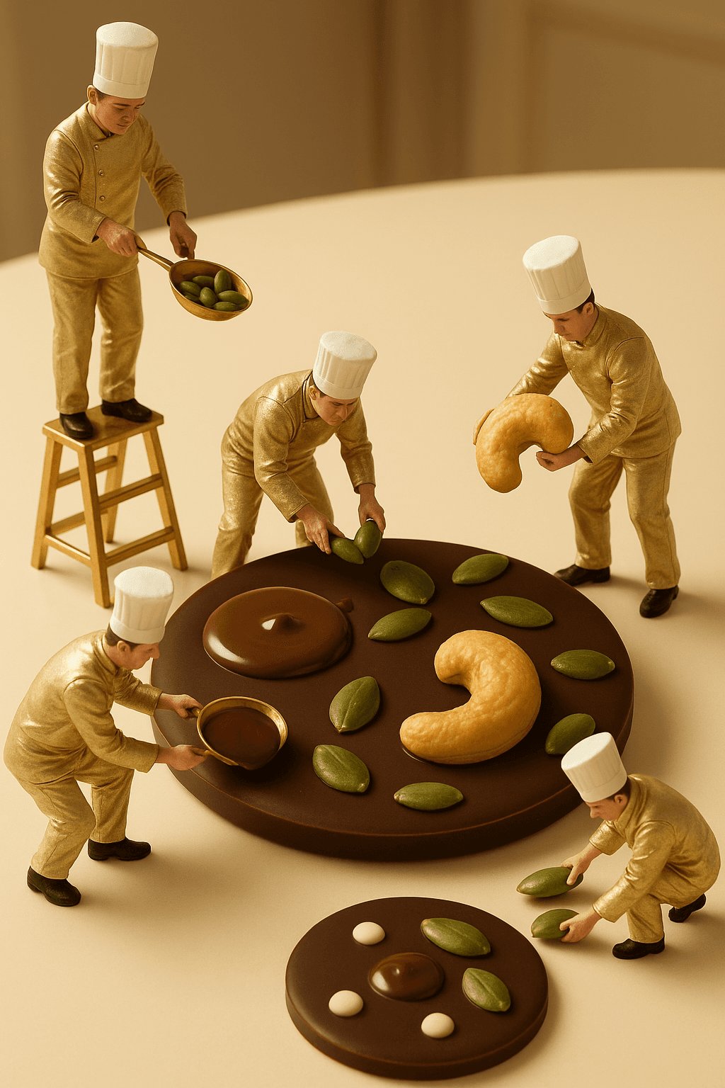 Tiny chefs in gold uniforms meticulously decorate large chocolate discs with cashews and seeds.