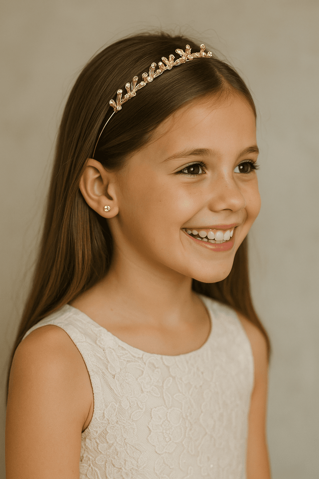Smiling young girl with long brown hair wearing a gold leaf headband and lace dress.