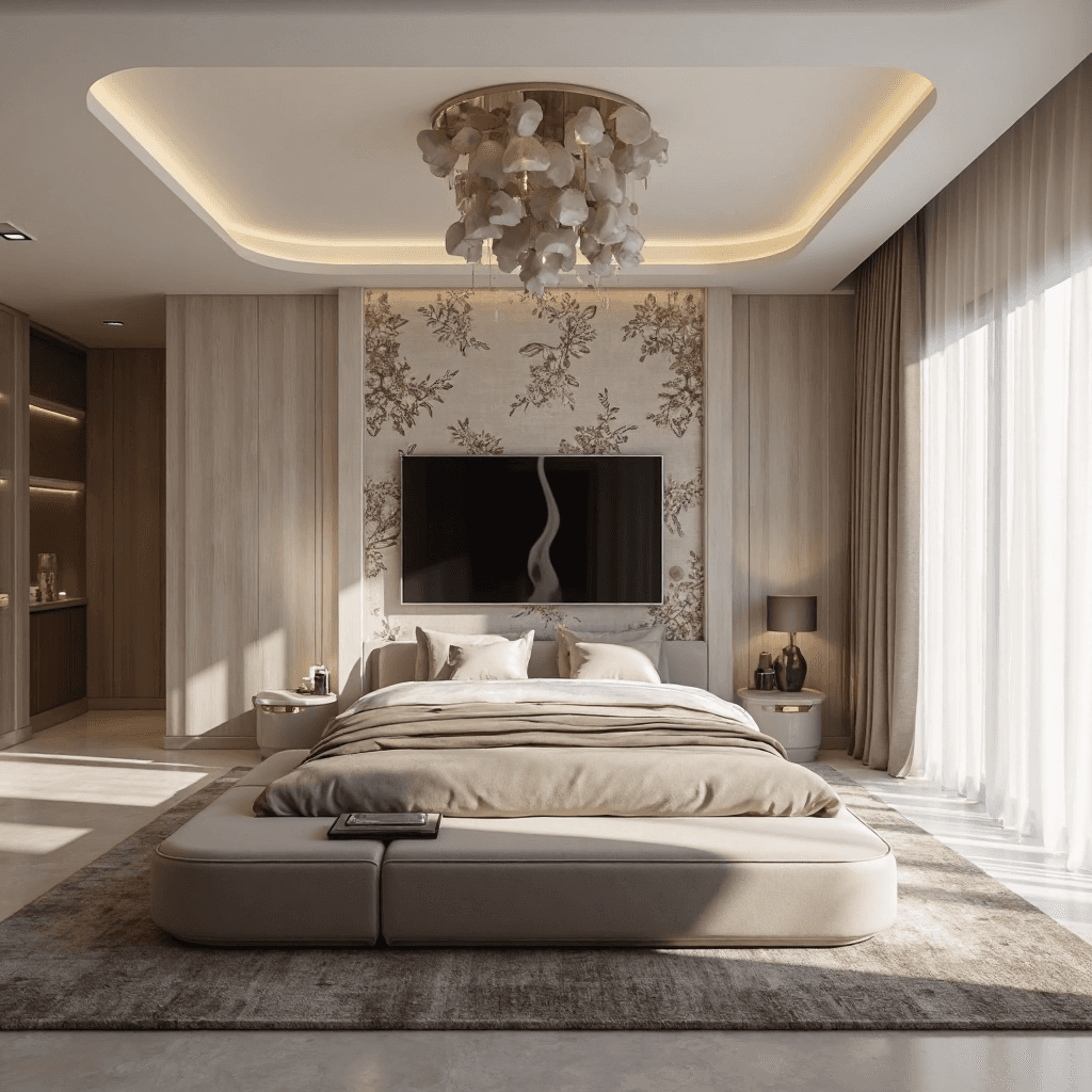 Elegant neutral bedroom featuring a low-profile bed, floral wallpaper, and a statement cluster chandelier.