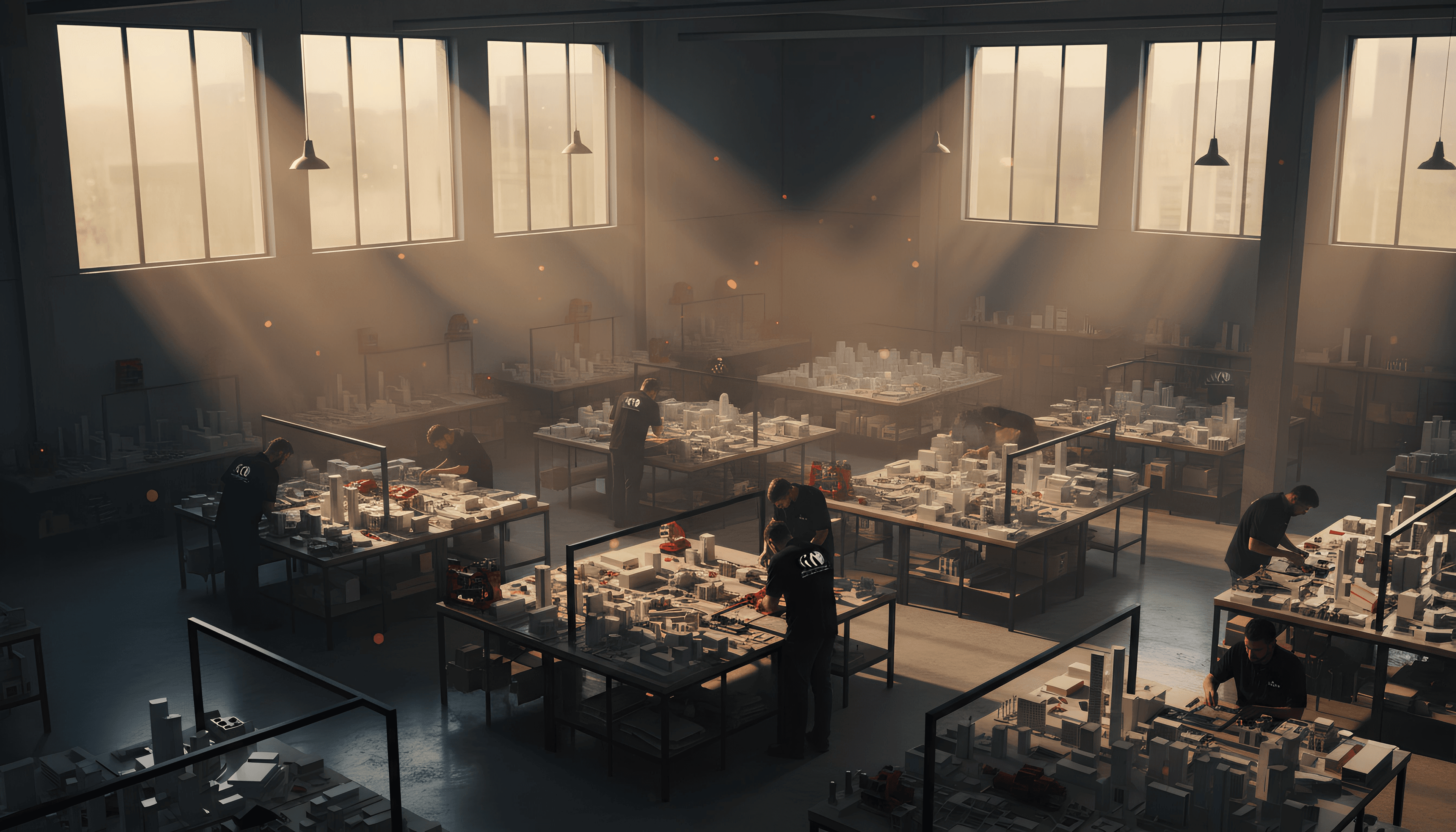 People building intricate architectural models in a large workshop with dramatic shafts of sunlight.
