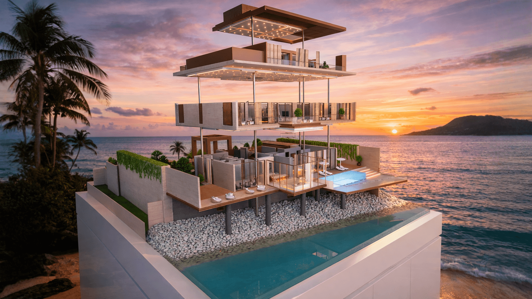 Modern multi-level villa model on a white pedestal overlooking a tropical beach at sunset.